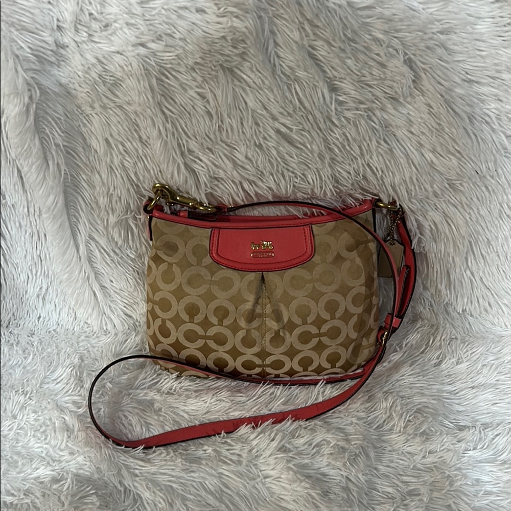 Coach Tan and Pink Signature Shoulder Bag